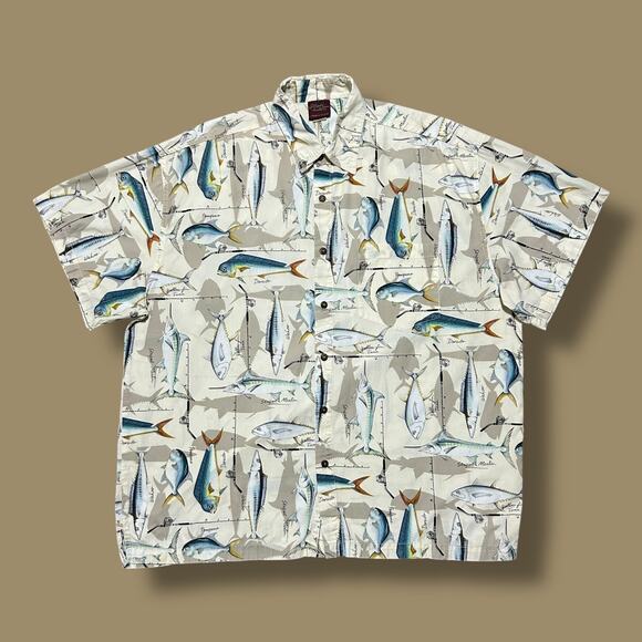 Vintage Fishing Shirt High Seas Trading Co Fish All Over Print 90s Cotton XL - Picture 1 of 7